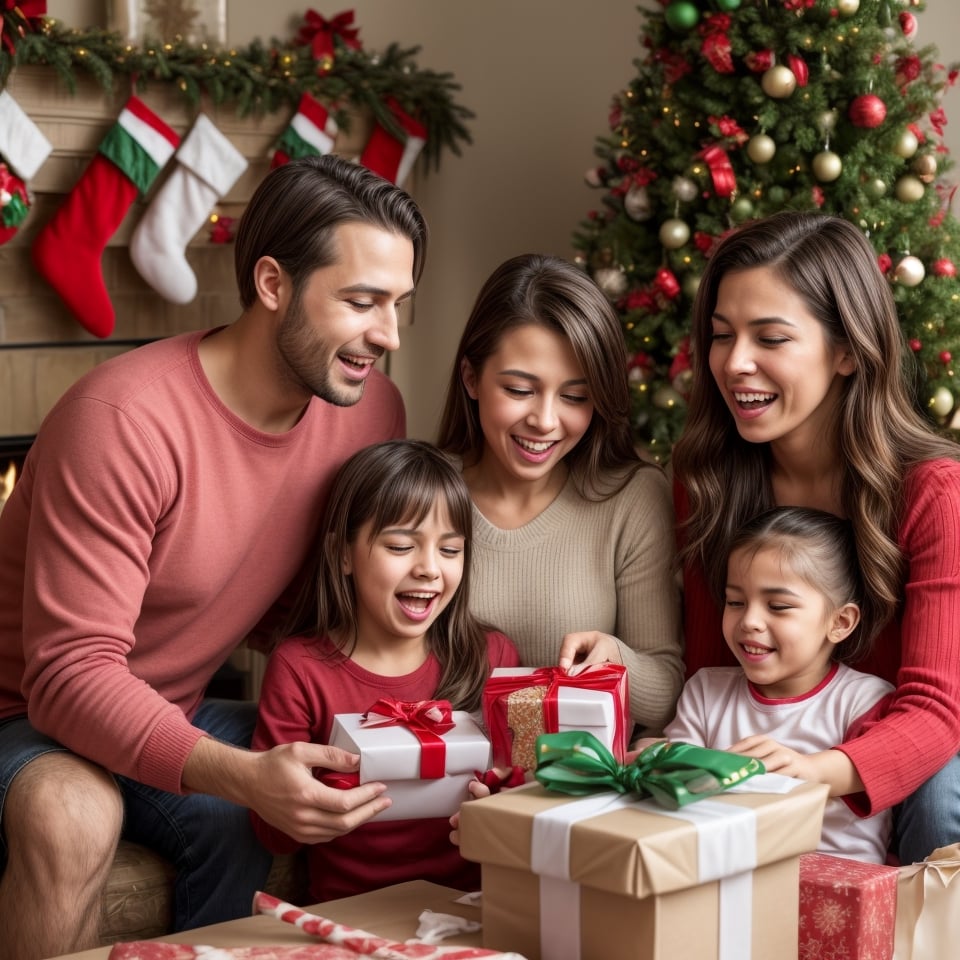 Generate hyper realistic image of a happy latino family opening gifts on Christmas day. Husband, wife, son, daughter. Christmas decorations everywhere!