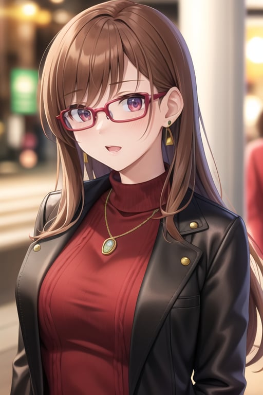 newspaper wall, glasses, parted lips, looking over eyewear,  black jacket, jewelry, long hair, jacket, red shirt, solo, upper body, brown hair, 1girl, necklace, earrings, red sweater, looking at viewer, red-tinted eyewear, sweater, red jacket, red lips ,Crazy face ,glitter,YAMATO,guweiz style, sexy