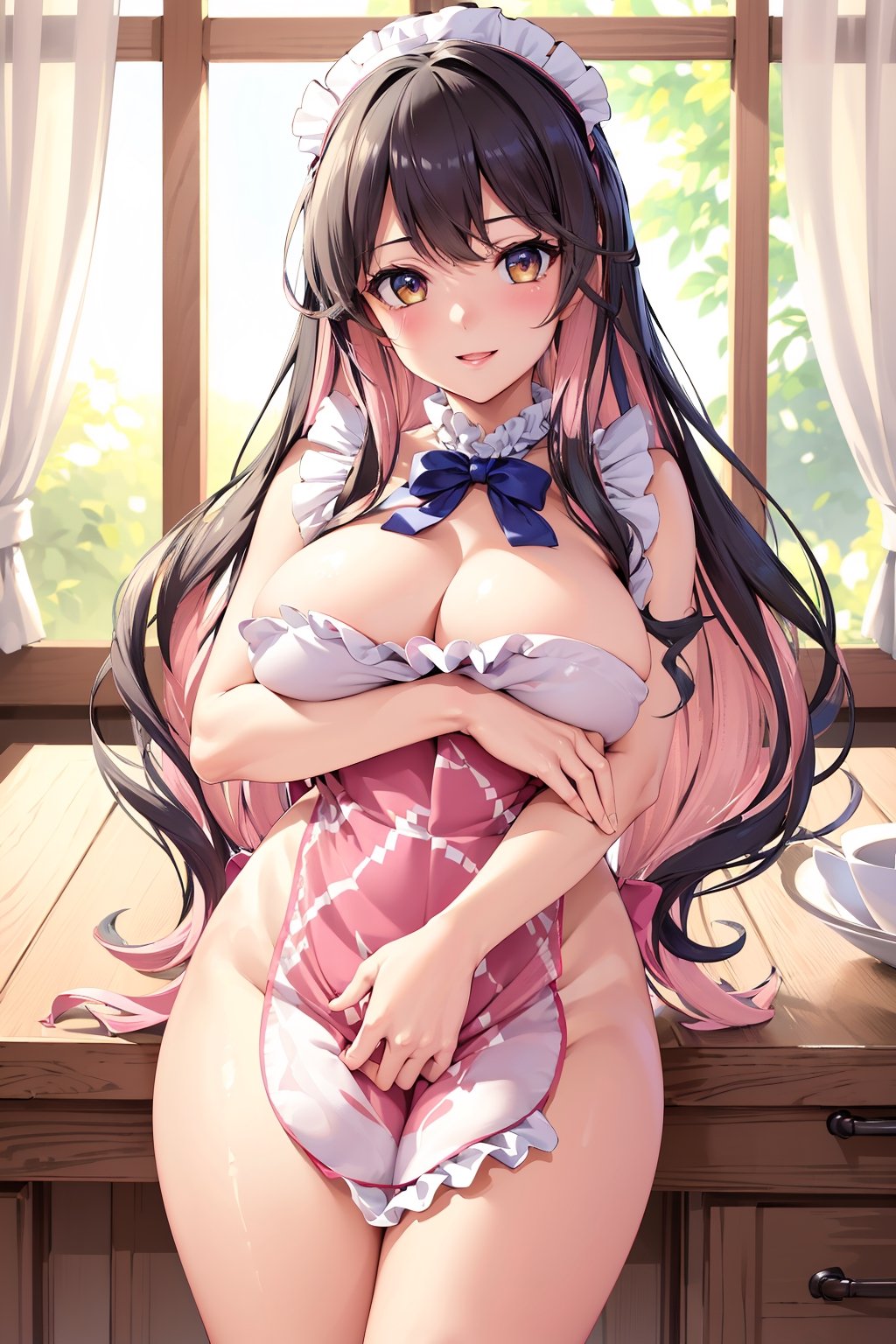 (masterpiece), best quality, incredibly absurdres, highres, high detail eyes, high detail background, perfect face, expressive eyes, (huge breasts:1.2), standing, smile, blushing, bedroom, hmngnm, naganami \(kancolle\), multicolored hair, maid headress, (frilled naked apron:1.2)