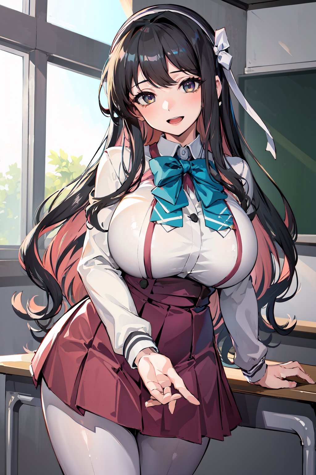 (masterpiece), best quality, incredibly absurdres, highres, high detail eyes, high detail background, perfect face, expressive eyes, (huge breasts:1.2), standing, smile, open mouth, classroom, hmngnm, naganami \(kancolle\), multicolored hair, white hairband, white jacket, purple dress, school uniform, grey pantyhose, aqua bowtie, long sleeves