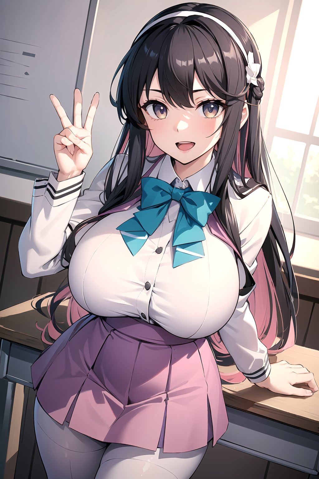 (masterpiece), best quality, incredibly absurdres, highres, high detail eyes, high detail background, perfect face, expressive eyes, (huge breasts:1.2), standing, smile, open mouth, classroom, hmngnm, naganami \(kancolle\), multicolored hair, white hairband, white jacket, purple dress, school uniform, grey pantyhose, aqua bowtie, long sleeves