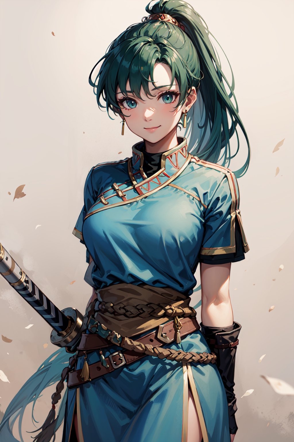 lyn_(fire_emblem), 1girl, solo, green hair, long hair, green eyes, high ponytail, blue dress, large breast, jewelry, simple background, fingerless gloves. hair ornament , standing, facing viewer, , arms behind back:1.1, , fingerless gloves. hair ornament,smile,Holding a katana in his right hand,breakdomain