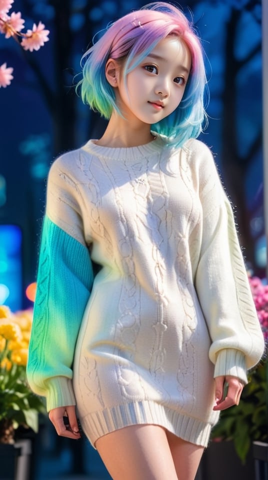 illustrator, anime , full body, realistic , sketch , 1girl, ,lip, Sweater,order, Blue gradient background, Neon hair,Textured crop, Canadian, (masterpiece,best quality) wearing wooly long dress and coat,  full body, flowers bloom and lighting bokeh as background,xxmix_girl