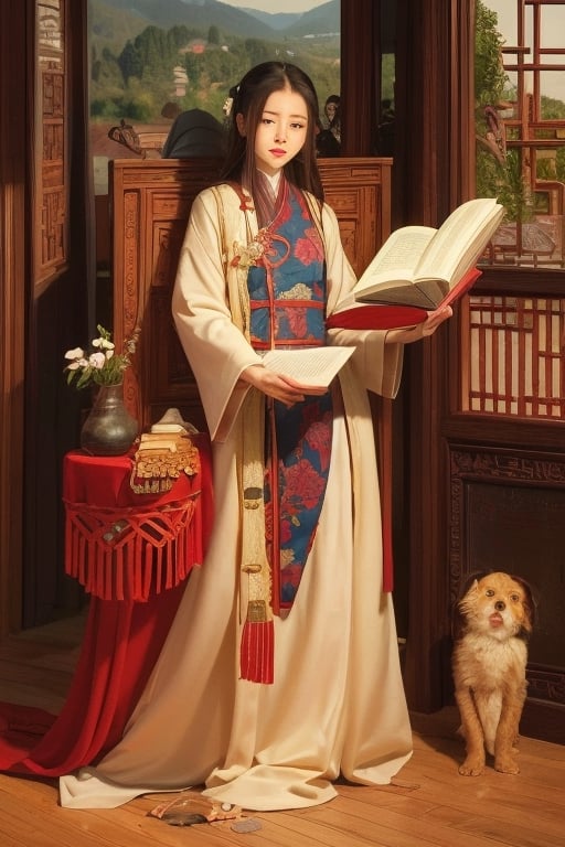 ancient_chinese_indoors, fine art, isometric, reading, books, beautiful