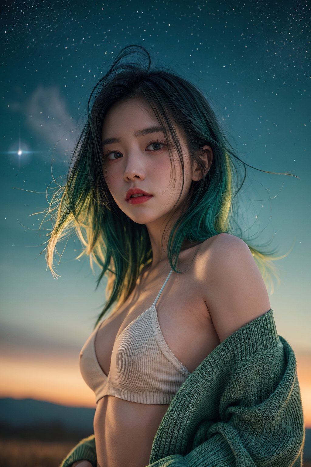 (close-shot photo:1.4) of a beatutiful woman wearing white underwear and cardigan on a open field, embers of memories, colorful, (photo-realisitc), nebula background, nebula theme,exposure blend, medium shot, bokeh, (hdr:1.4), high contrast, (cinematic, teal and green:0.85), (muted colors, dim colors, soothing tones:1.3), low saturation,fate/stay background,yofukashi background,(pureerosface_v1:0.8), (ulzzang-6500-v1.1:0.8),breasts,Beautiful eyes ,ASU1,bare shoulders,dream_girl, naked, perfect hands, perfect body