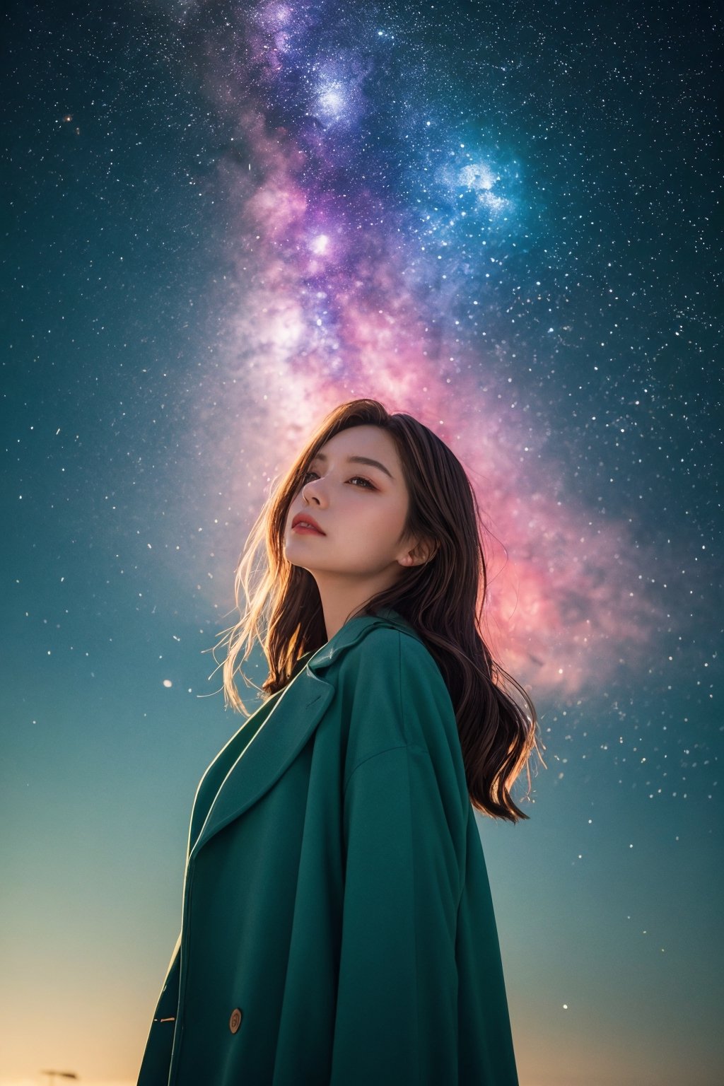 (close-shot photo:1.4) of a beatutiful woman wearing a long coat on a open field, embers of memories, colorful, (photo-realisitc), nebula background, nebula theme,exposure blend, medium shot, bokeh, (hdr:1.4), high contrast, (cinematic, teal and green:0.85), (muted colors, dim colors, soothing tones:1.3), low saturation,fate/stay background,yofukashi background,(pureerosface_v1:0.8), (ulzzang-6500-v1.1:0.8),breasts