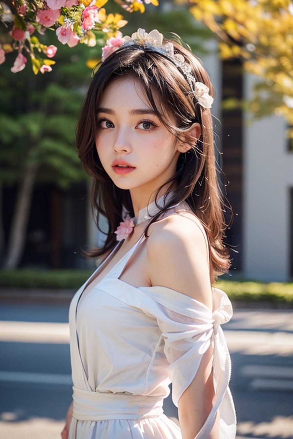 Front view , Autumn style, yellow flowers blooming, depth of field, lighting bokeh as background, pink and white long Boss dress, 1girl, snow-white delicate skin, long light brown curly hair, and a silver hairpin on her head. The eyes are a deep lavender color big and charming, wearing pink and white long Boss dress, and long scaf, Wrap around the neck and cover the chest, full of mysterious stories. With pale pink lips, charming and cute. FilmGirl, xxmix_girl, detailed eyes, perfact eyes, mouth small, 3d style, light bokeh backgroud,3d style,isni,Movie Still,3d,3d render,dream_girl