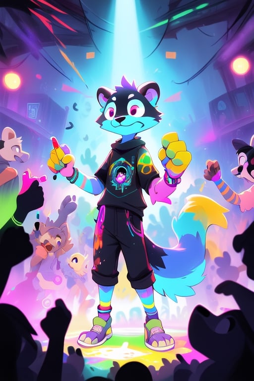 Ferret(male,slender,skinny,tall,ring_markings) rave_clothing(cartoon print, colorful),club_scene,glowsticks,kandi_on_arms,bracelets_on_arms,paint_spray, tracers,crowd,audience,FurryCore,cartoon,midjourney,FurryCore,nj5furry,anime