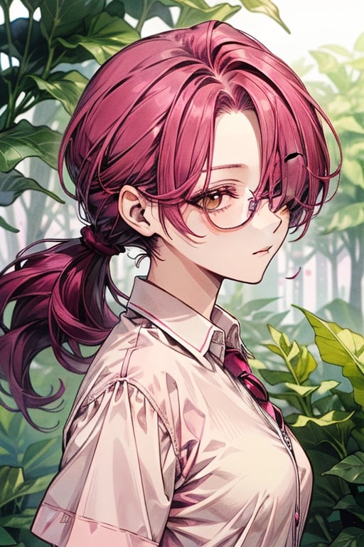 ivy, forest, ferns, 1girl, ((magenta_hair)), rimless_glasses, doctor, ((low_ponytail)), tsurime, milf, asymmetrical_bangs, (hair over one eye), mature, adult, mature_female, brown eyes, short_low_ponytail,low ponytail, brown_eyes, makeup, white_shirt