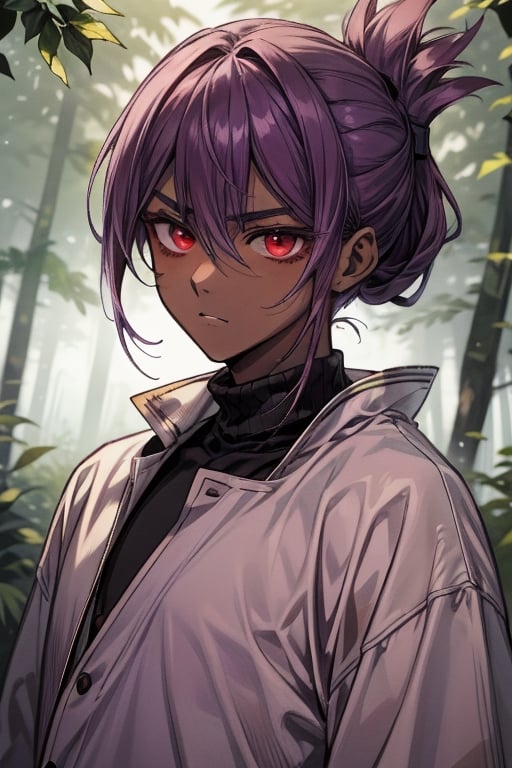 ivy, forest, pine trees, turtleneck, portrait, ((1guy)), boy, young, ((sole_male)), (femboy), otokonoko, thick_eyebrows, (dark skin), ((dark_purple_hair)), folded_ponytail, ((red eyes)), (effeminate), hair_between_eyes, sidelocks, ((jitome)), [inazuma], kimika tachibana,foldedponytail, fluffy_hair, raised_eyebrows, expressionless, gentle