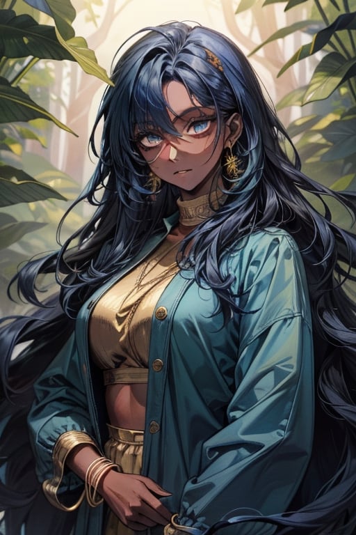 ivy, forest, ferns, 1girl, (dark skin), very_long_hair, big_hair, curly hair, messy hair, ((dark_blue_hair)), (gold_eyes), indian, bangles, piercings, gold earrings, teal clothing, mature_woman, mature, open_jacket, crazy, ((masterpiece))