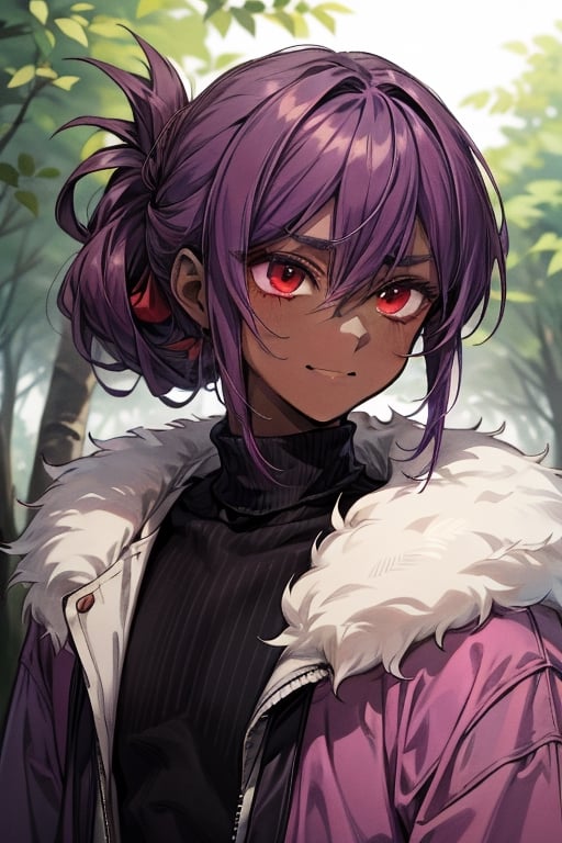 ivy, forest, pine trees, turtleneck, portrait, ((1guy)), boy, young, ((sole_male)), (femboy), otokonoko, thick_eyebrows, (dark skin), ((dark_purple_hair)), folded_ponytail, ((red eyes)), (effeminate), hair_between_eyes, sidelocks, ((jitome)), [inazuma], kimika tachibana,foldedponytail, fluffy_hair, raised_eyebrows, smile, gentle, kind,