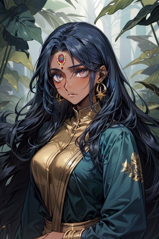 ivy, forest, ferns, 1girl, (dark skin), very_long_hair, big_hair, curly hair, messy hair, ((dark_blue_hair)), (gold_eyes), indian, bangles, piercings, gold earrings, teal clothing, mature_woman, mature, dot_on_forehead, open_jacket, despair