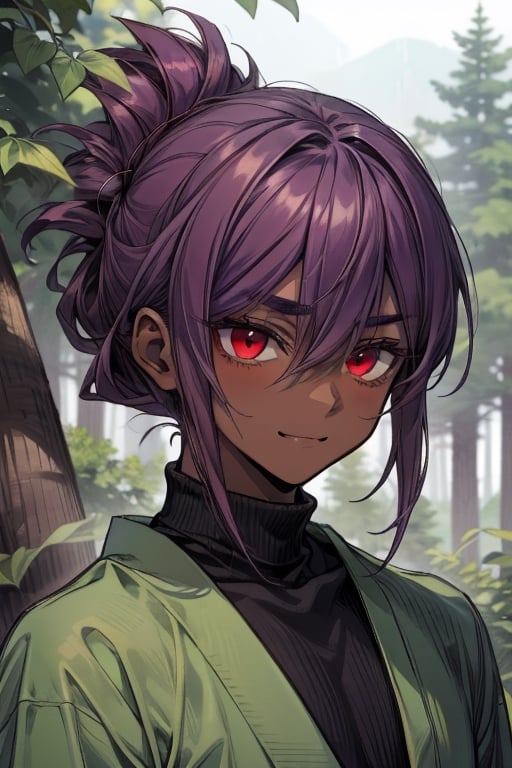 ivy, forest, pine trees, turtleneck, portrait, ((1guy)), boy, young, ((sole_male)), (femboy), otokonoko, thick_eyebrows, (dark skin), ((dark_purple_hair)), folded_ponytail, ((red eyes)), (effeminate), hair_between_eyes, sidelocks, ((jitome)), [inazuma], kimika tachibana,foldedponytail, fluffy_hair, smile, gentle, soft expression, apologetic