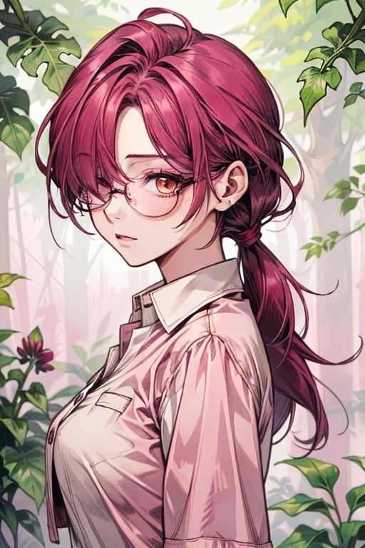 ivy, forest, ferns, 1girl, ((magenta_hair)), rimless_glasses, doctor, ((low_ponytail)), tsurime, milf, asymmetrical_bangs, (hair over one eye), mature, adult, mature_female, brown eyes, short_low_ponytail,low ponytail, brown_eyes, makeup, white_shirt