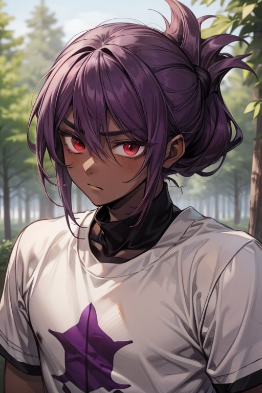 ivy, forest, pine trees, compression_shirt, portrait, ((1guy)), boy, young, ((sole_male)), (femboy), otokonoko, fat_eyebrows, (dark skin), ((dark_purple_hair)), folded_ponytail, ((red eyes)), (effeminate), hair_between_eyes, sidelocks, ((jitome)), [inazuma], kimika tachibana,foldedponytail, raised_eyebrows