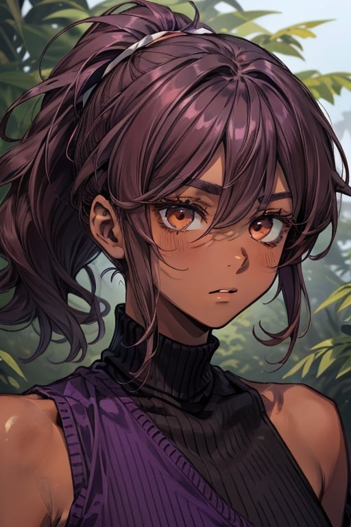 ivy, forest, pine trees, sweater, exposed shoulders, portrait, ((1guy)), boy, young, sole_male, (femboy), otokonoko, fat_eyebrows, fluffy hair, wavy hair, (dark skin), ((dark_purple_hair)), folded_ponytail, ((brown eyes)), ditzy, (effeminate), hair_between_eyes, curly_hair, jitome, sidelocks, jitome, curious