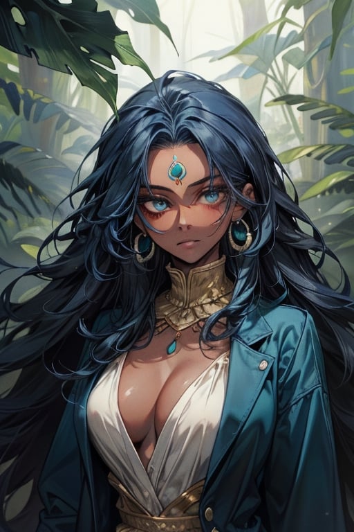 ivy, forest, ferns, 1girl, (dark skin), very_long_hair, big_hair, curly hair, messy hair, ((dark_blue_hair)), indian, piercings, ear_rings, teal clothing, mature_woman, mature, open_jacket, forehead, ((masterpiece))