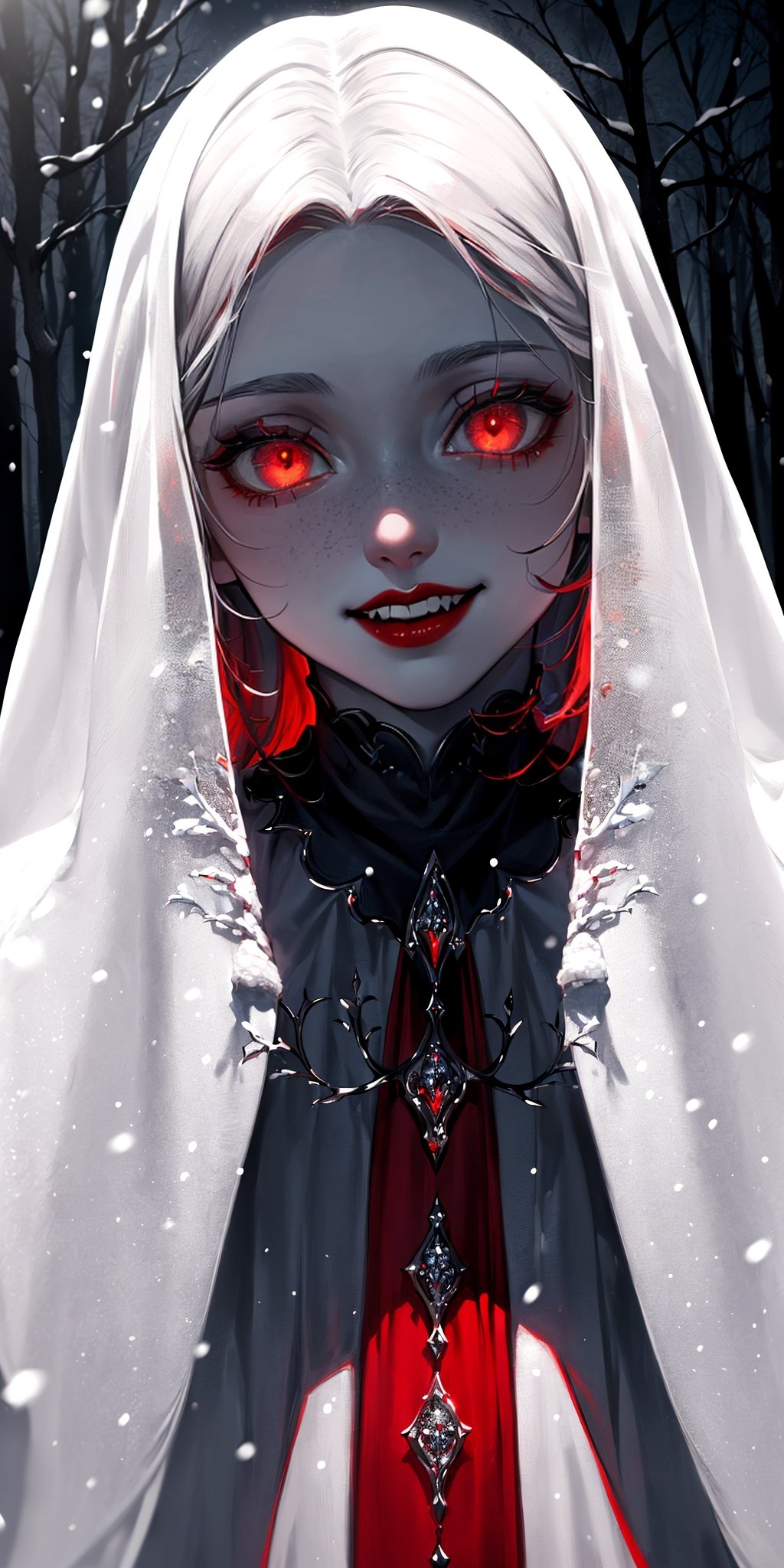  (masterpiece, best quality, ultra-detailed, 8K, oil paint style), (darkness), film grain ,dark atmosphere, ((night)), ((forest)), winter, ((snowfall:1.4)), ((close shot:1.4)), ((1 girl)), (vampire), ((vampire teeth), ((pale skin)), ((red glowing eyes)), ((red lips)), ((red nails)), (yammy smile), (oversize, white old dress:1.4), bigbreast