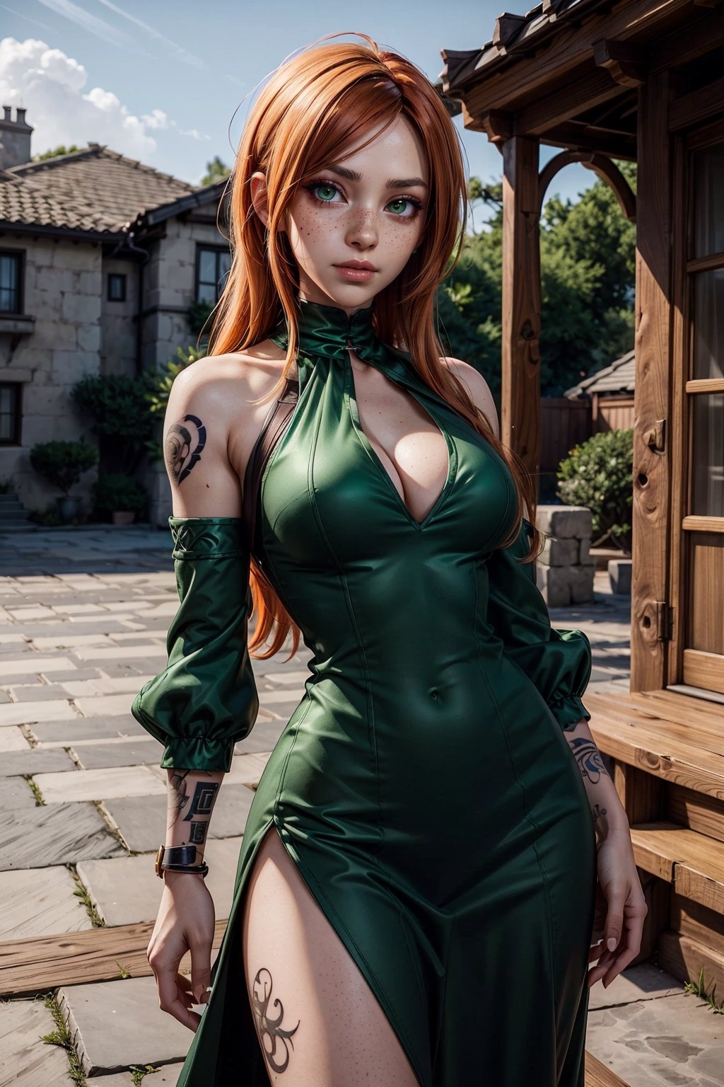 1 girl, long hair, orange hair, freckles, green eyes, emerald eyes, big breasts, tattoo on right arm, beautiful, Irish, freckles on face, long dress, background of a house, dynamic pose,right sleeve tattoo,looking towards the camera,,anime,AdaWongRE