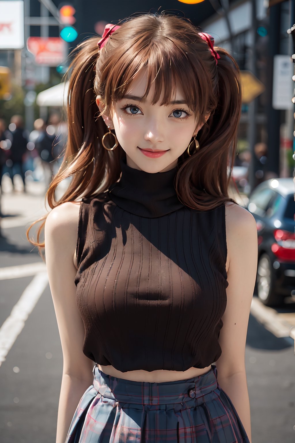 souryuuasukalangley, 1girl, 16 years old, medium breast, looking_at_camera, (brown hair: 1.4), breeze, high_resolution, sunshine, (real eyes: 1.2), (earings: 1.2), scarf, (long_hair: 1.2),  (twin_tails: 1.2), Young beauty spirit , Detailedface, sexy eyes, sexy smile, bangs