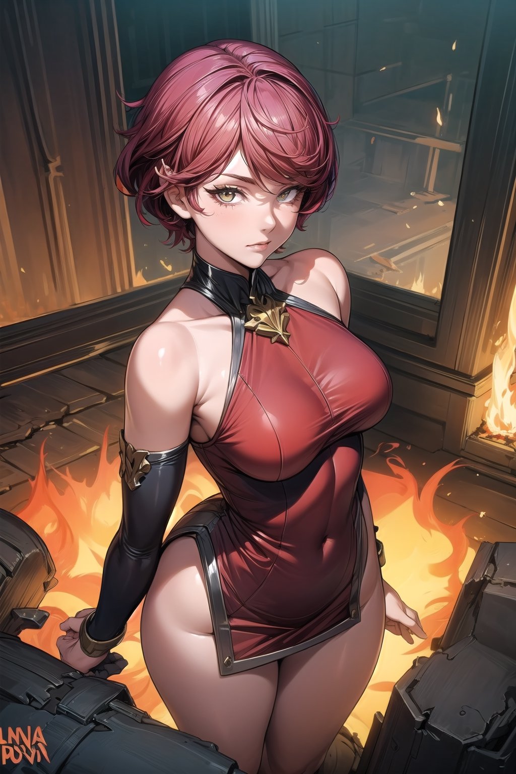 masterpiece:1.2), best quality, PIXIV, arcana, arcana, 1girl, solo,red hair, short hair,fire destroyed buildings background, fire hair ,bug, fire, fire dragon, red glow,lina,red dress,bare shoulders, detached sleeves,(perfect hands, perfect anatomy), ( shiny oil skin:1.4), upper body, curved body, (dynamic sexy pose:1.7), sexy body, (middle breast:1.35), 9 head length body, looking at viewer, from_above, ,More Detail,angelawhite
