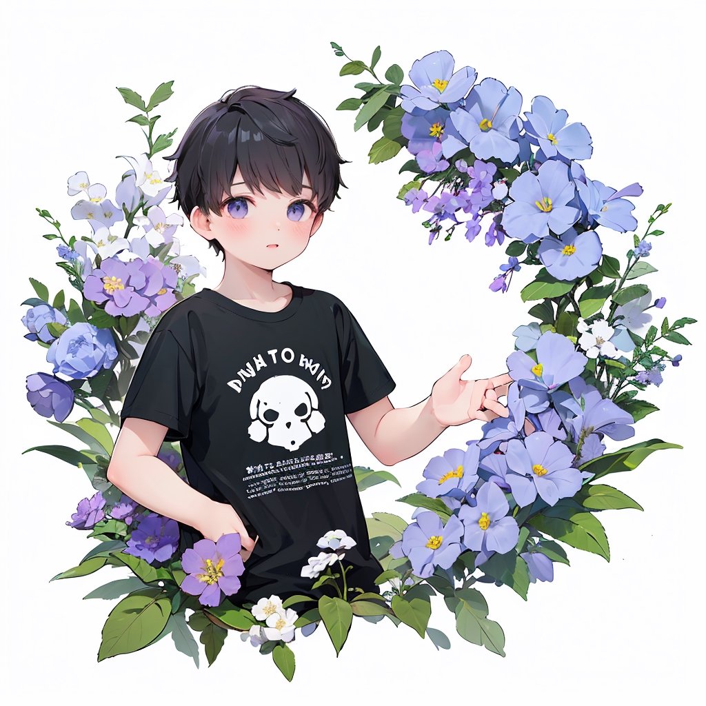 (masterpiece, best quality, highres:1.1), logo, white background, cute logo design, flower background, cute, t-shirt logo, flower design,  20 years old boy, white and black