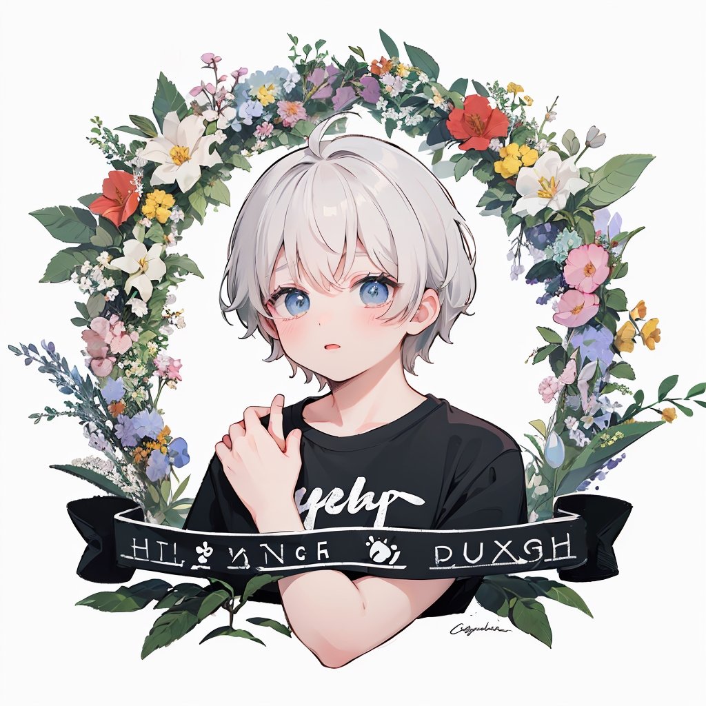 (masterpiece, best quality, highres:1.1), logo, white background, cute logo design, cute, t-shirt logo, flower design, 20 years old boy, white and black