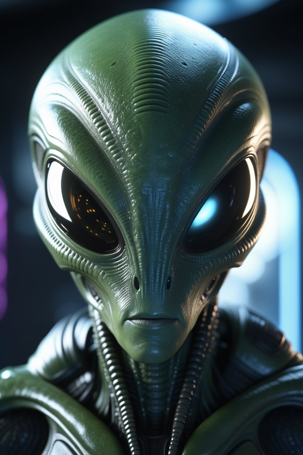 alien looking straight ahead, cinematics, color grading, depth of field, intricate details, Unreal Engine, character concept art, creative anatomy, expressive, stylized, digital art, 3D rendering, unique, award-winning, Adobe Photoshop, 3D Studio Max, Well. developed concept,detailmaster2