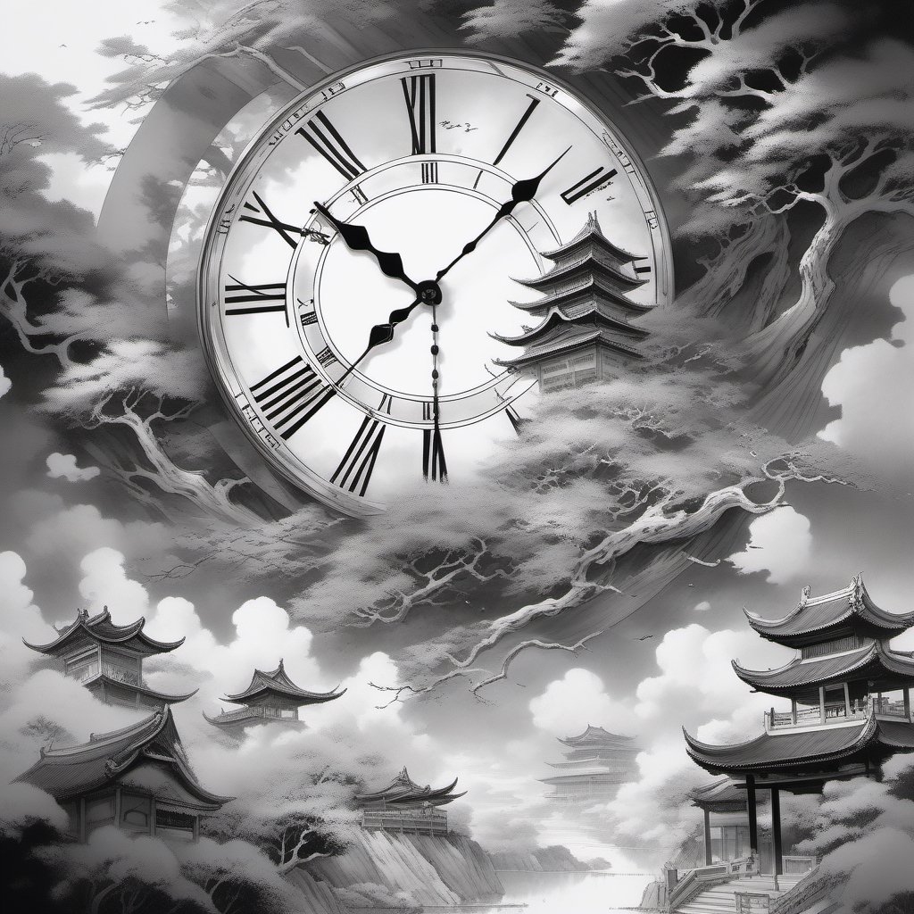 Best quality, masterpiece, absurdres, dutch angle, medium shot, create a tense composition that shows time is always running forward and never waiting for anyone, abstract, low in color saturation and variety almost slightly monochrome, composition that would have Tempus Fugit as a title, Asian folklore ,Anime 