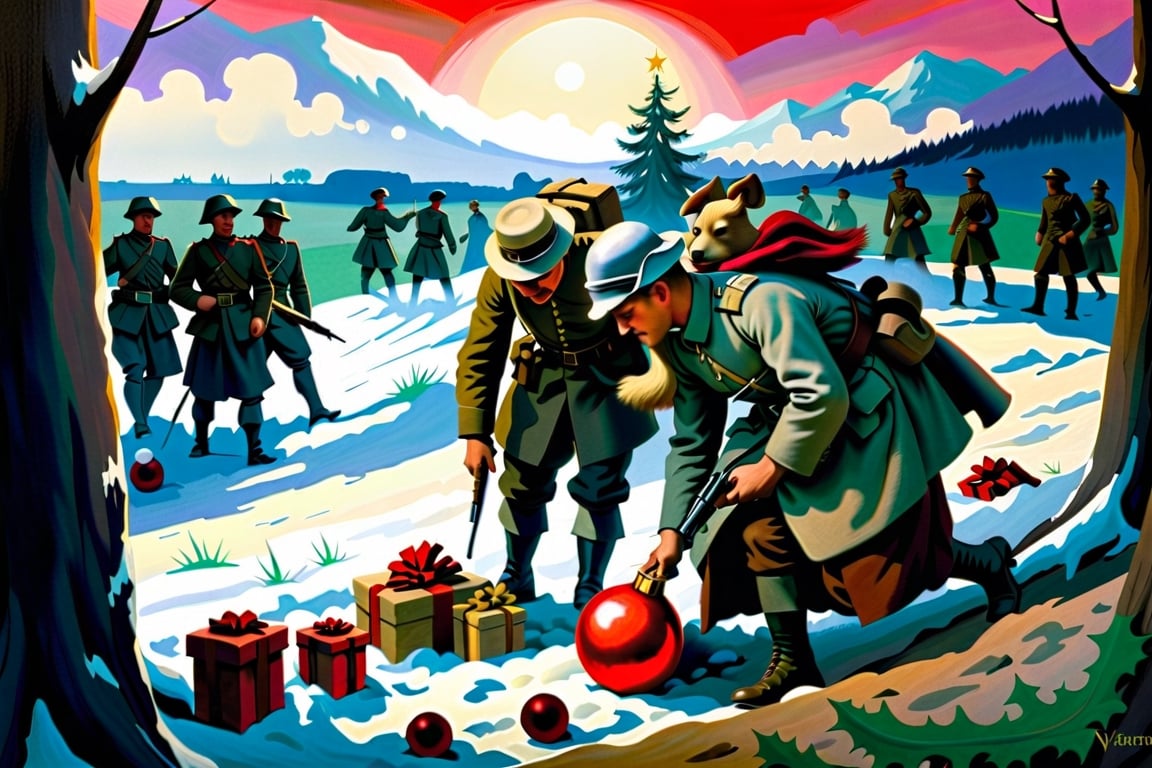 The Christmas truce (German: Weihnachtsfrieden; French: Trêve de Noël; Dutch: Kerstbestand) was a series of widespread unofficial ceasefires along the Western Front of the First World War around Christmas 1914, best quality, masterpiece, postcard style