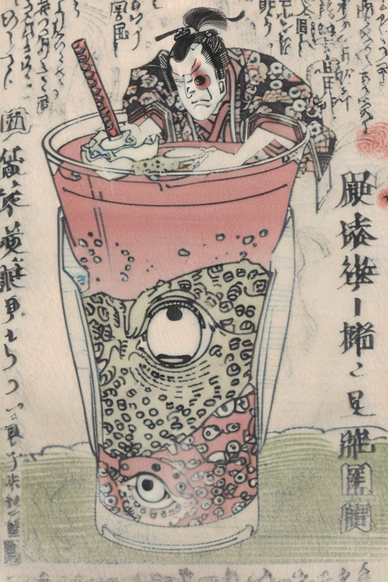 best quality, masterpiece, absurdres, boba tea but instead of bobas it's eyeballs, horror, gore, matcha, transparent cup full of eyeballs floating,Ukiyo-e