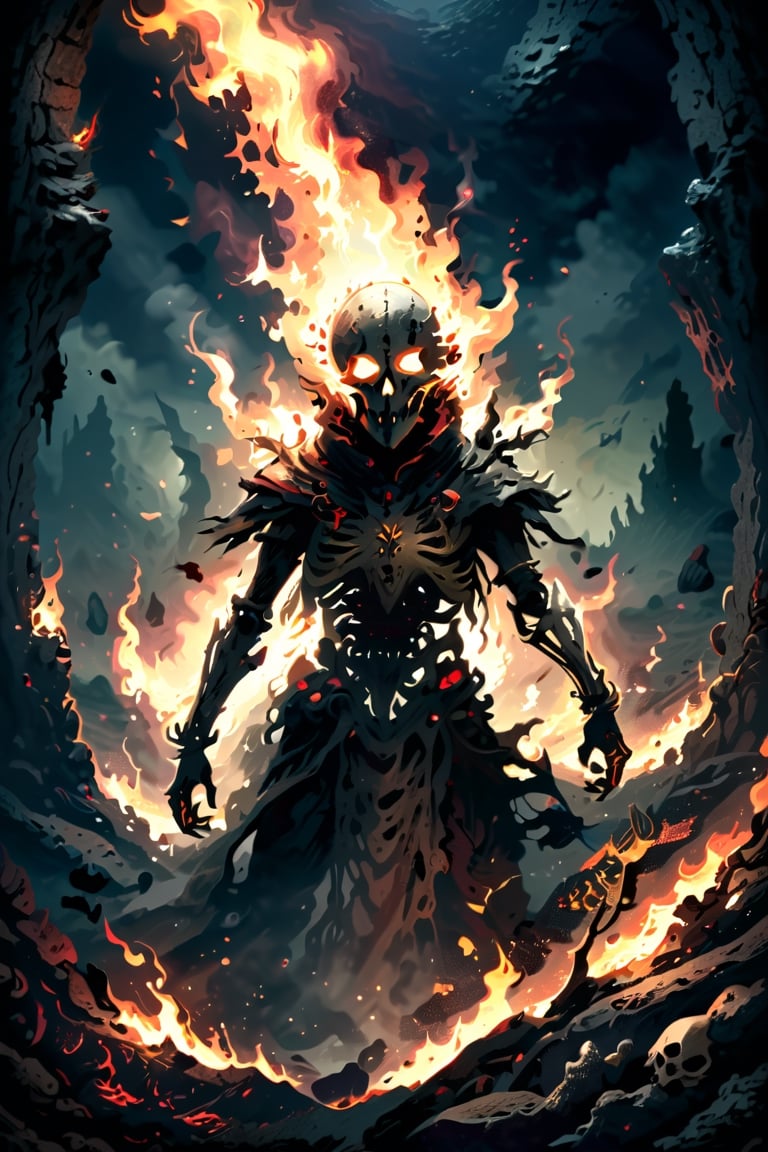 Generate hyper realistic image of a macabre scene of an undead pyromancer, wreathed in flames, casting dark fire spells amidst the skeletal remains of fallen foes. The background features a foreboding, lava-filled abyss, adding to the sinister ambiance of the Dark Souls universe. highly detailed, sharp focus.8k,photography style