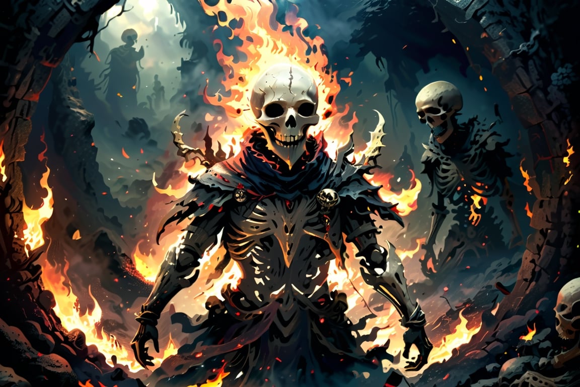 Generate hyper realistic image of a macabre scene of an undead pyromancer, wreathed in flames, casting dark fire spells amidst the skeletal remains of fallen foes. The background features a foreboding, lava-filled abyss, adding to the sinister ambiance of the Dark Souls universe. highly detailed, sharp focus.8k,photography style