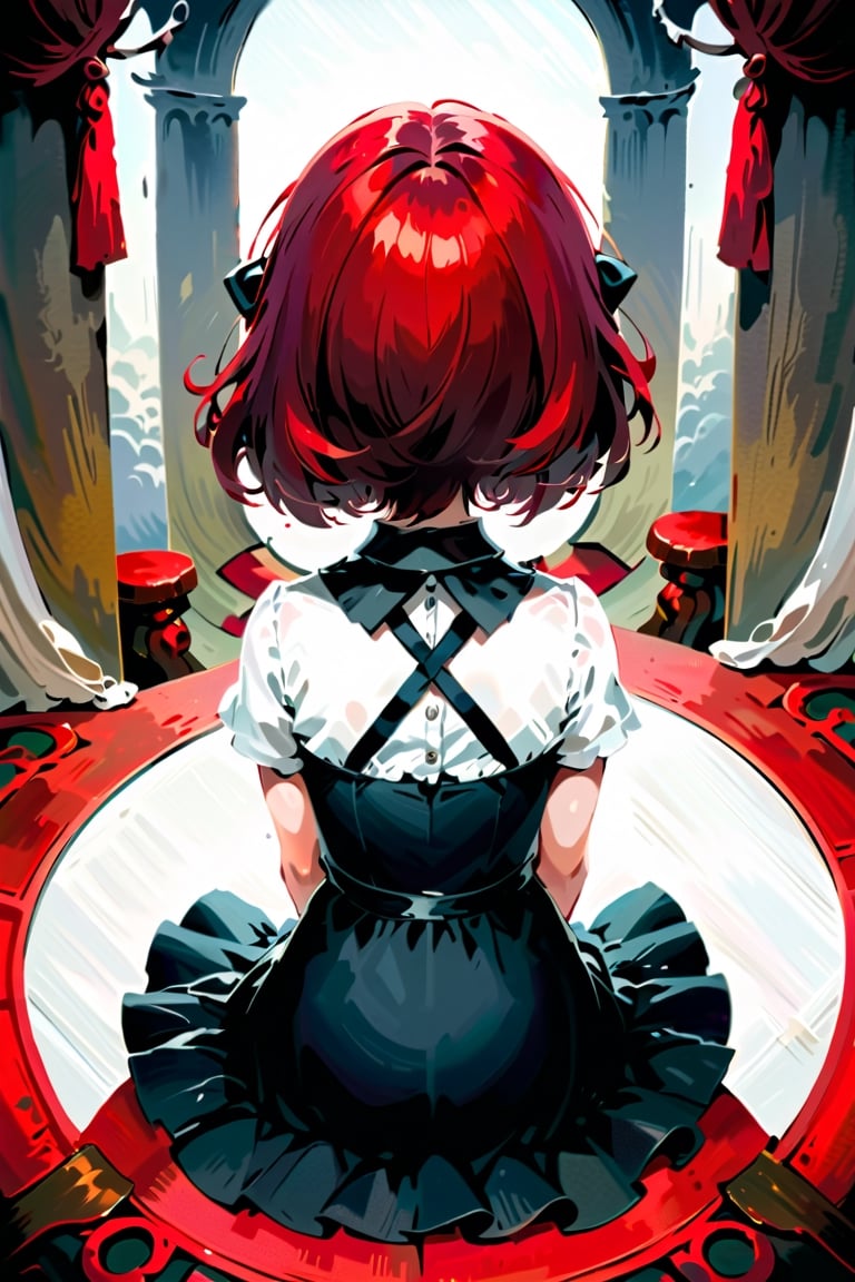 female,(masterpiece, best quality, ultra detailed, absurdres)1.5,white shirt black dress neck ribbon,1girl short hair,demonictech, red hair, bangs, sitting, from_behind, looking_at_viewer, looking back