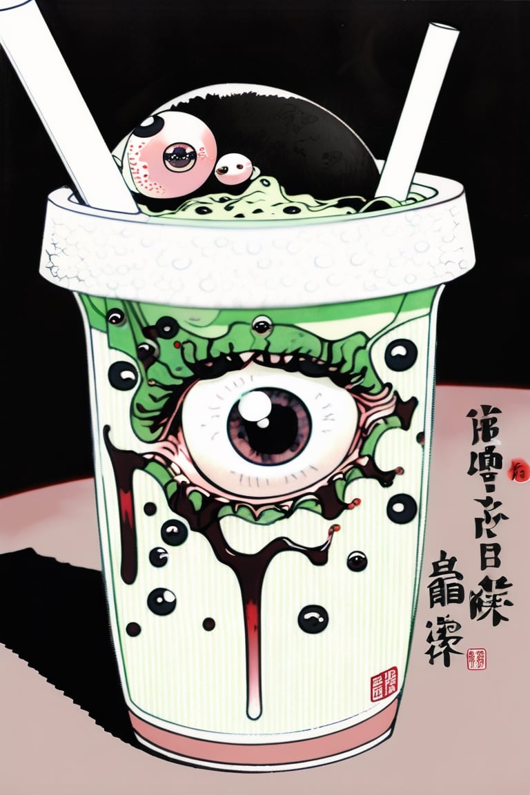 best quality, masterpiece, absurdres, boba tea but instead of bobas it's eyeballs, horror, gore, matcha, transparent cup full of eyeballs floating,Ukiyo-e