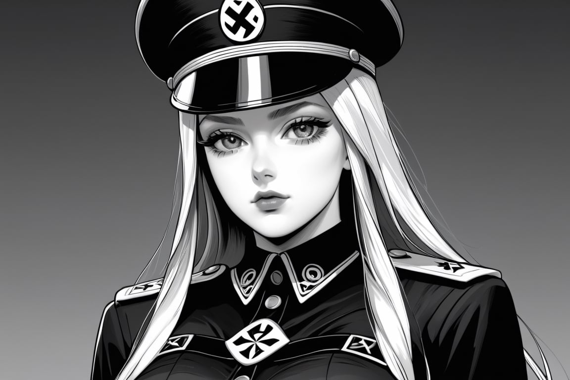 super fine illustration,masterpiece, best quality,{beautiful detailed eyes},1girl, massively big breasts, black nazi uniform, whip in hand, blonde,finely detail,Depth of field, 4k wallpaper,pencil sketch,more detail XL, monochrome ,lineart