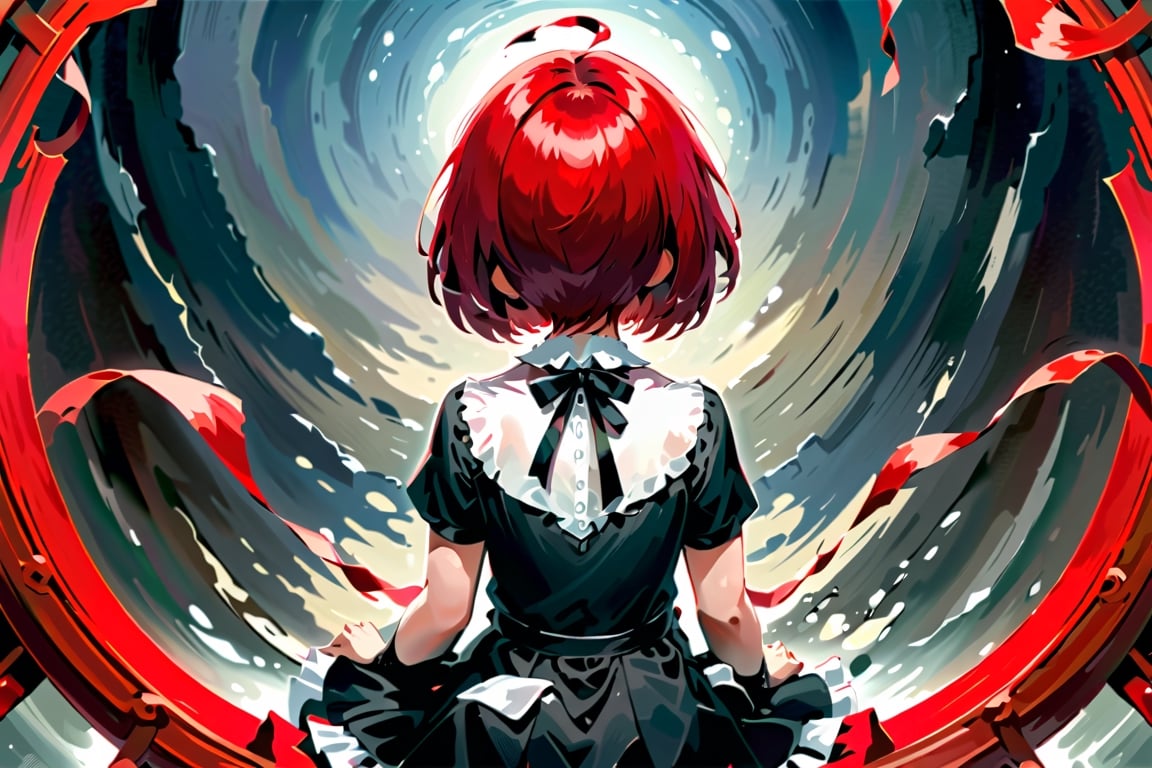 female,(masterpiece, best quality, ultra detailed, absurdres)1.5,white shirt black dress neck ribbon,1girl short hair,demonictech, red hair, bangs, sitting, from_behind, looking_at_viewer