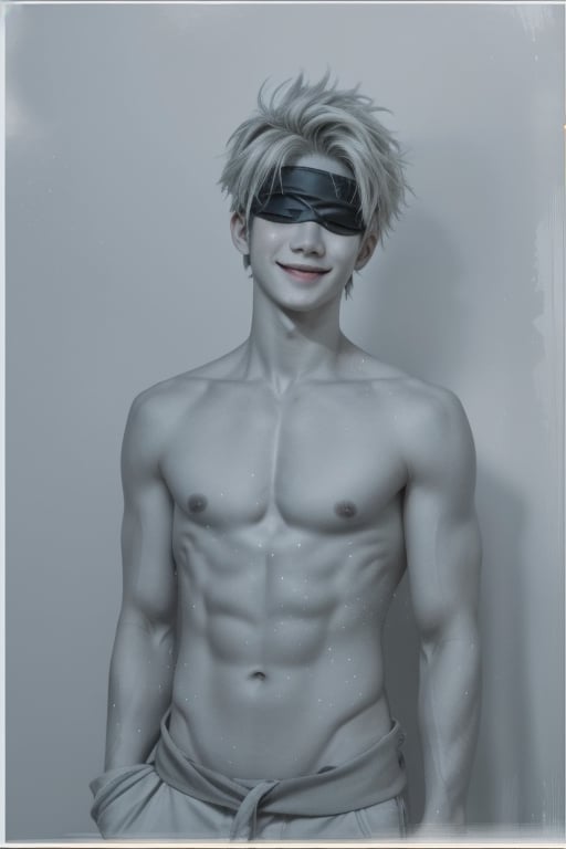 focus straight_shota,  Gojo Satoru,  full body,  Muscular body, ((2 eyes covered)) ((blind)), no cloth, naked,  blindfolded,  Jujutsu kaisen,  mix of fantasy and realism,  special effects,  fantasy,  ultra hd,  hdr,  4k,  realhands,  neutral smile face,  perfect, , , , , 
Sexy Muscular,realhands