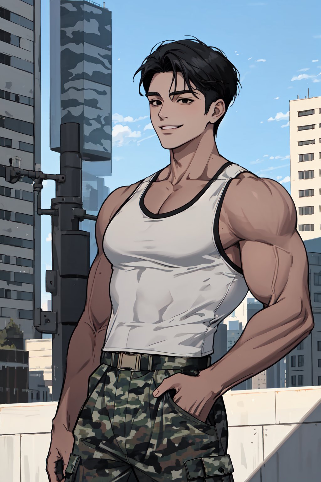 masterpiece,  best quality,  highly detailed background,  perfect lighting,  best quality,  (extremely detailed face),  volumetric lighting,  intricate details,  shadow,  tonemapping,  sharp focus,  hyper detailed,  trending on Artstation,  (solo)
BREAK
(Jaekjung, male, black eyes, black hair,  muscular male, medium hair, tall male,  strong male, big muscles, undercut)
BREAK
(military, tanktop, camouflage pants)
BREAK
(Outdoors, city, sky background)
BREAK
(Looking away, cowboy shot,smirk)