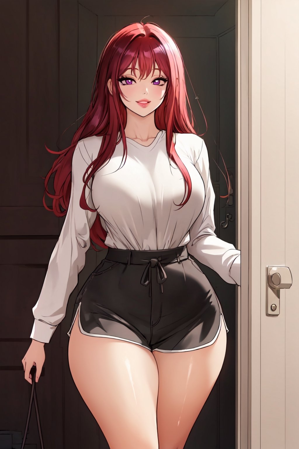 masterpiece, best quality, highly detailed background, perfect lighting, best quality, (extremely detailed face), volumetric lighting, intricate details, shadow, tonemapping, sharp focus, hyper detailed, trending on Artstation, (solo)
BREAK
(pale skin, red hair, straight hair, hair down, purple eyes, long hair, wide hips, curvy_figure, thick-thighs, curvy, curvy_hips, slender_waist, big breasts, lips)
BREAK
(Dolphin shorts, white shirt)
BREAK
(indoors, livingroom, walking trough door)
BREAK
(Standing, looking at viewer, light smile, front view)