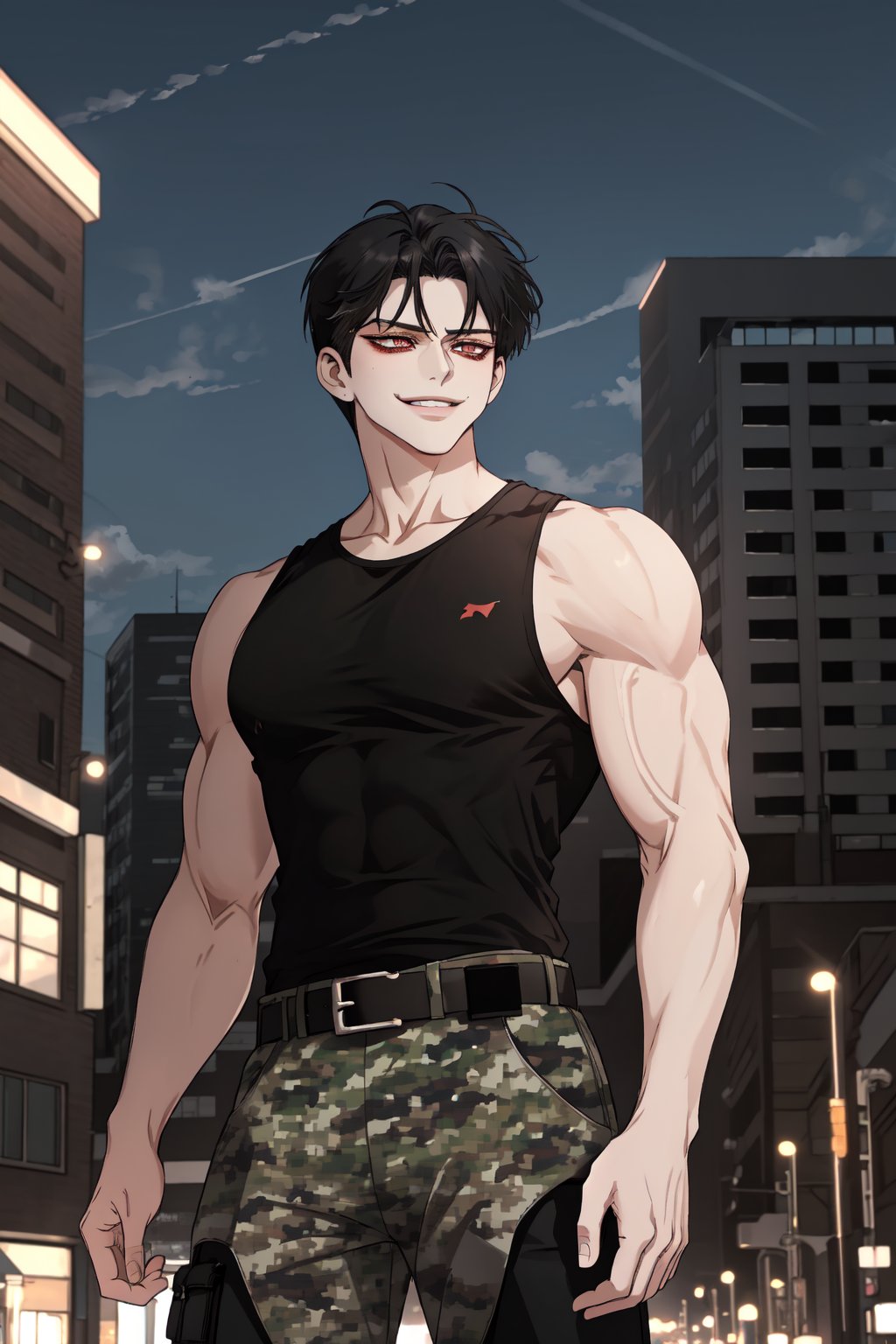 masterpiece,  best quality,  highly detailed background,  perfect lighting,  best quality,  (extremely detailed face),  volumetric lighting,  intricate details,  shadow,  tonemapping,  sharp focus,  hyper detailed,  trending on Artstation,  (solo)
BREAK
(Jaekjung, male, silver eyes, black hair,  muscular male, medium hair, tall male, strong male, big muscles, undercut)
BREAK
(military, black tanktop, camouflage pants, belt)
BREAK
(Outdoors, city, sky background)
BREAK
(Looking away, cowboy shot,smirk)