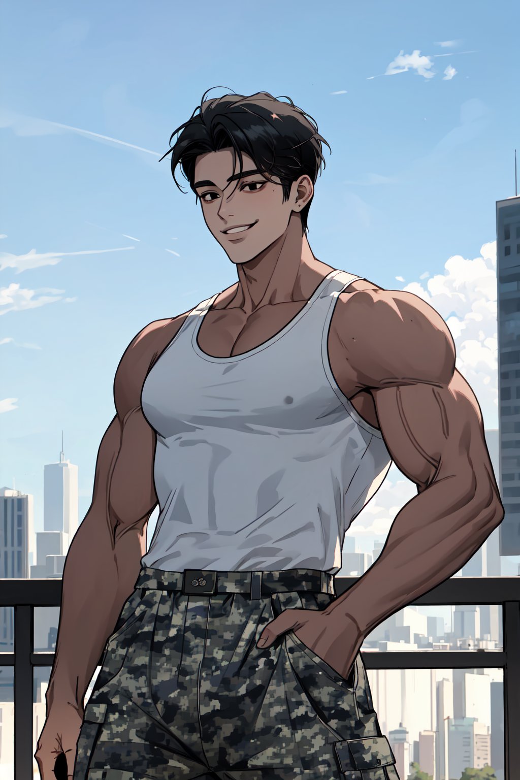 masterpiece,  best quality,  highly detailed background,  perfect lighting,  best quality,  (extremely detailed face),  volumetric lighting,  intricate details,  shadow,  tonemapping,  sharp focus,  hyper detailed,  trending on Artstation,  (solo)
BREAK
(Jaekjung, male, black eyes, black hair,  muscular male, medium hair, tall male, strong male, big muscles, undercut)
BREAK
(military, tanktop, camouflage pants)
BREAK
(Outdoors, city, sky background)
BREAK
(Looking away, cowboy shot,smirk)