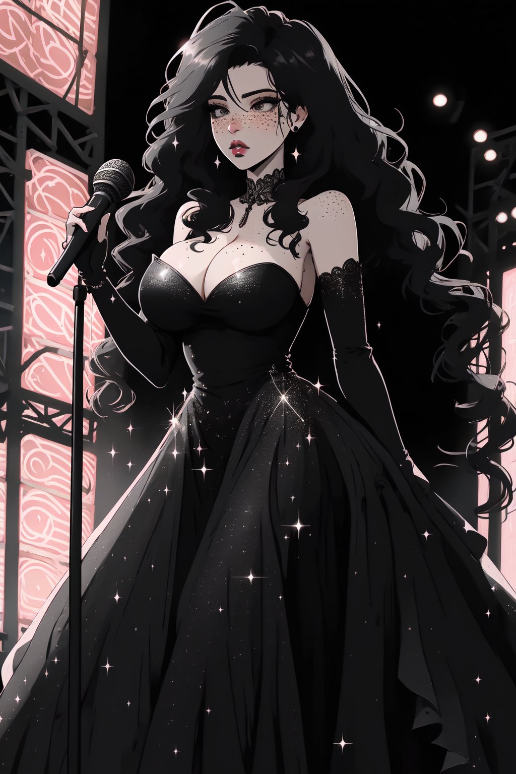 (extremely detailed face) (solo)

Long hair, gray eyes, black hair, lips, curly hair, big hair, hair down, freckles, lips,

(wearing BlackDress, long dress, sparkle, bare shoulders, sleeveless, long gloves, strapless, tube dress, plunguing neckline, cleavage)

indoors, cabaret, lights, stage

(standing, looking away, parted lips, holding microphone)