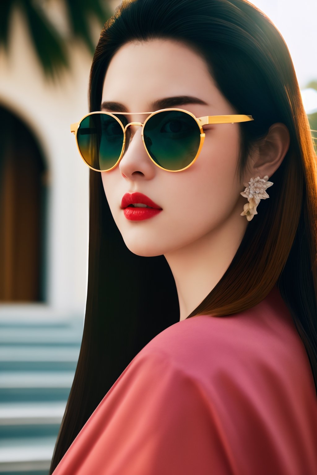  ldr,realistic,masterpiece,best quality,ultra realistic,8k,extremely detailed, best quality,1girlLong hair,sunglasses, outdoors,Lovely,light Highly saturated,light bright,light bright colors, vibrancy, vitality,(film overlay:0.3), (faded overlay:0.5), monkren,more detail 