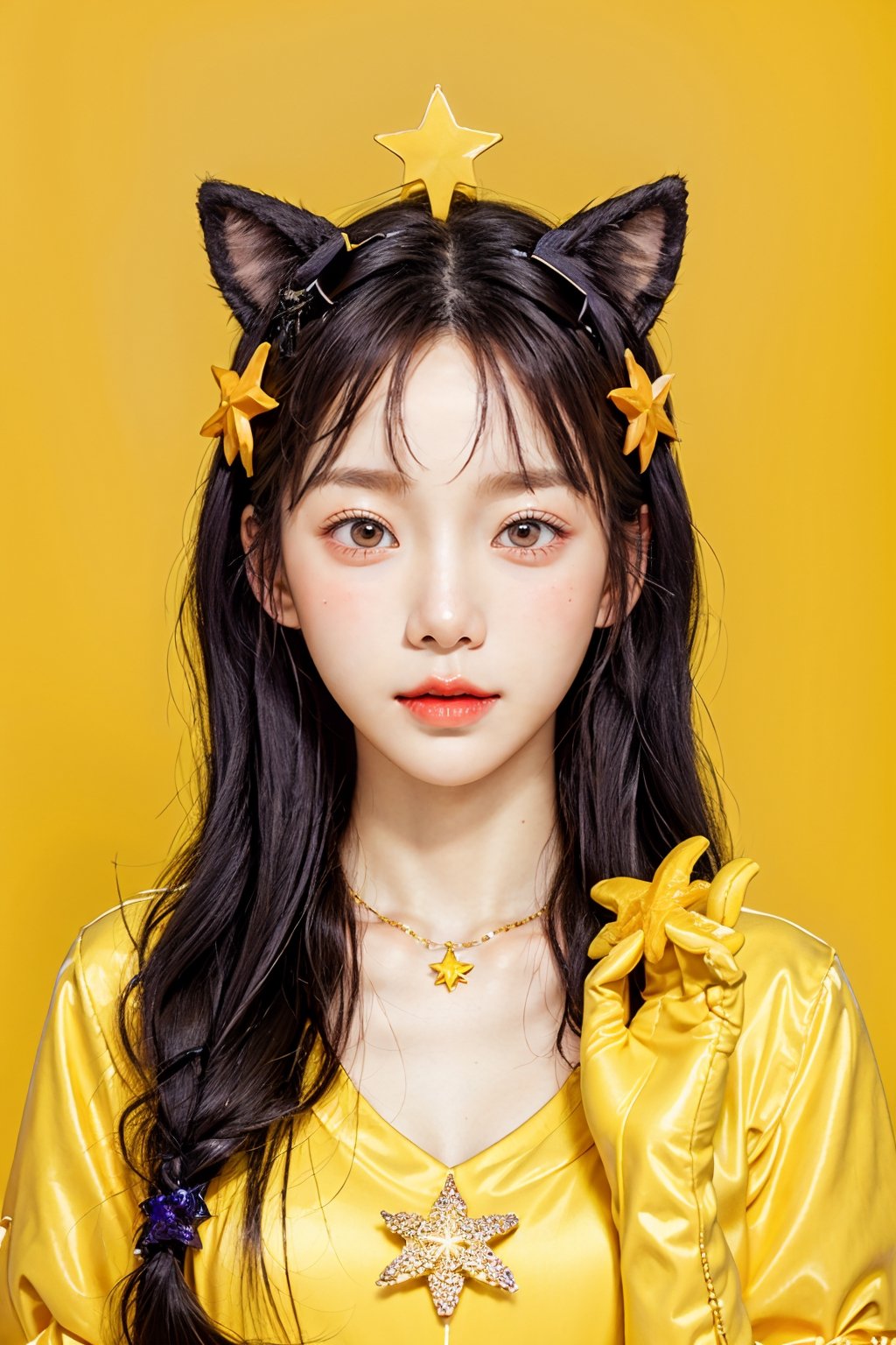 1girl,animal_ears,cross,furry,furry_female,gloves,black_eyes,solo,sparkle,star_\(symbol\),star_hair_ornament,star_necklace,star_pasties,star_print,starfish,starry_background,tail,white_hair,yellow_background,yellow_theme,
