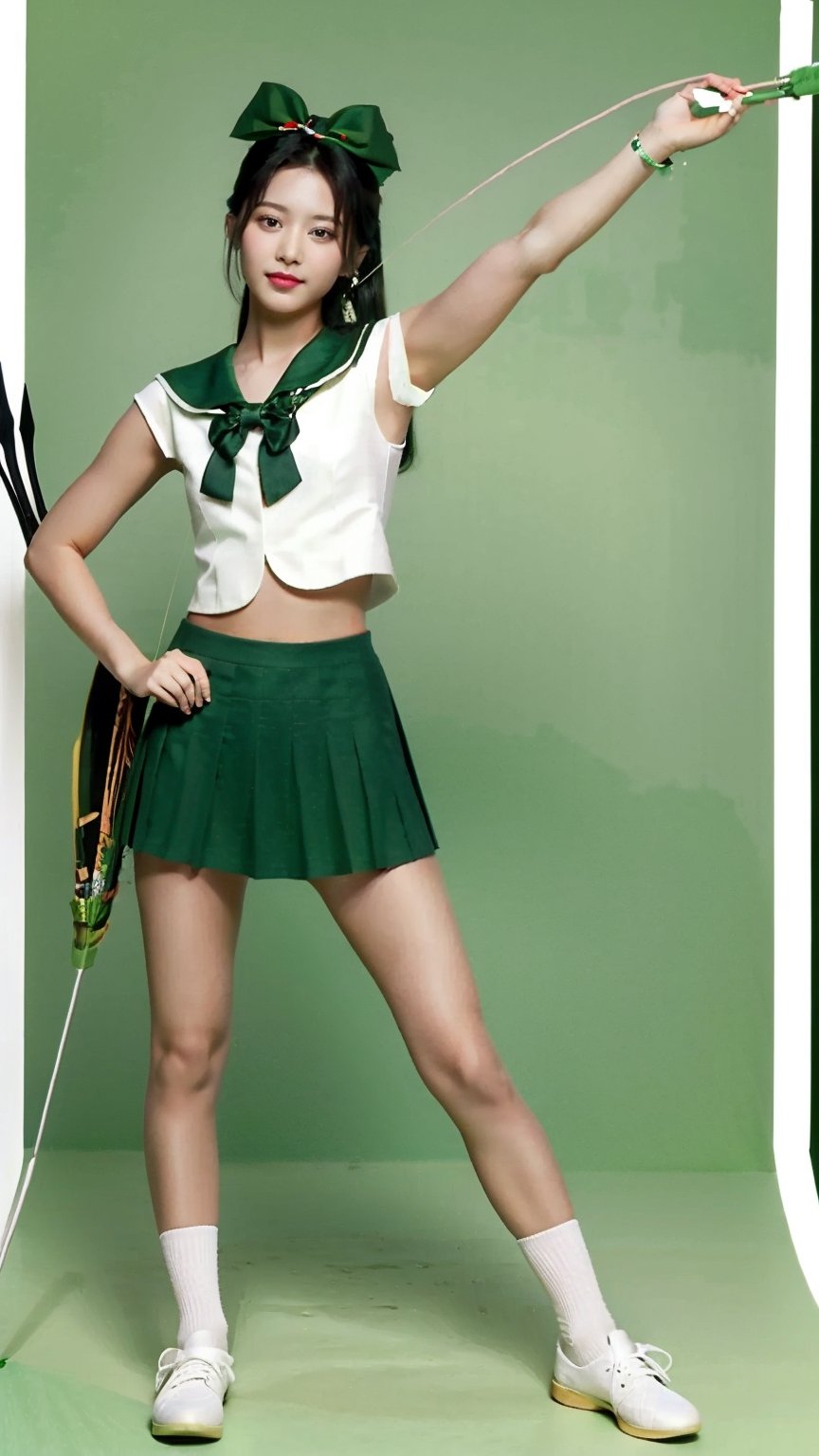 ((a girl with bow and arrow in front of a green background,)) long black hair, green and white sailor school uniform, green short skirt, a cute girl, hyperralistic, long sockss, shoes,hands