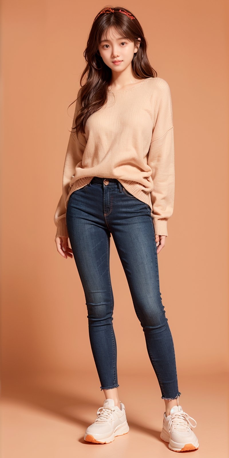 ((smile)), ((simple background, orange background)), (((standing))), ((oversize long sleeve sweater)), black jeans, (masterpiece),((ultra-detailed)), (highly detailed CG illustration),(expressionless), (best quality:1.2),(1girl:1.2),High quality texture, intricate details, detailed texture, High quality shadow, brown eye pupil, depth of field, perspective,20s, (big eyes:1.2),blush, glossy lips, perfect full body, lean body, (narrow waist:1.3), large breast, distinct_image, (lustrous skin), solo focus, (brown hair), (streaked hair), ((long hair)), ((Luxury sneakers)), filmgirls,realhands,more detail 