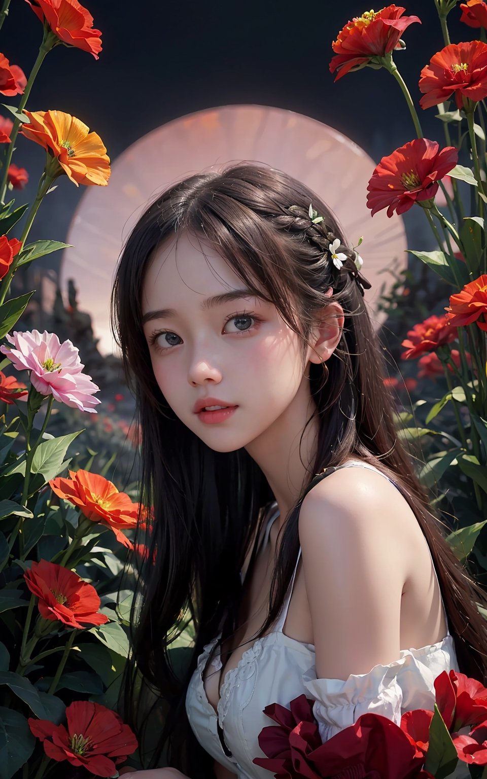  1girl, long hair, flower, Lisianthus, in the style of red and light azure, dreamy and romantic compositions, red, ethereal foliage, playful arrangements, fantasy, high contrast, ink strokes, explosions, over exposure, purple and red tone impression, abstract, whole body capture,
, (\meng ze\), Light master