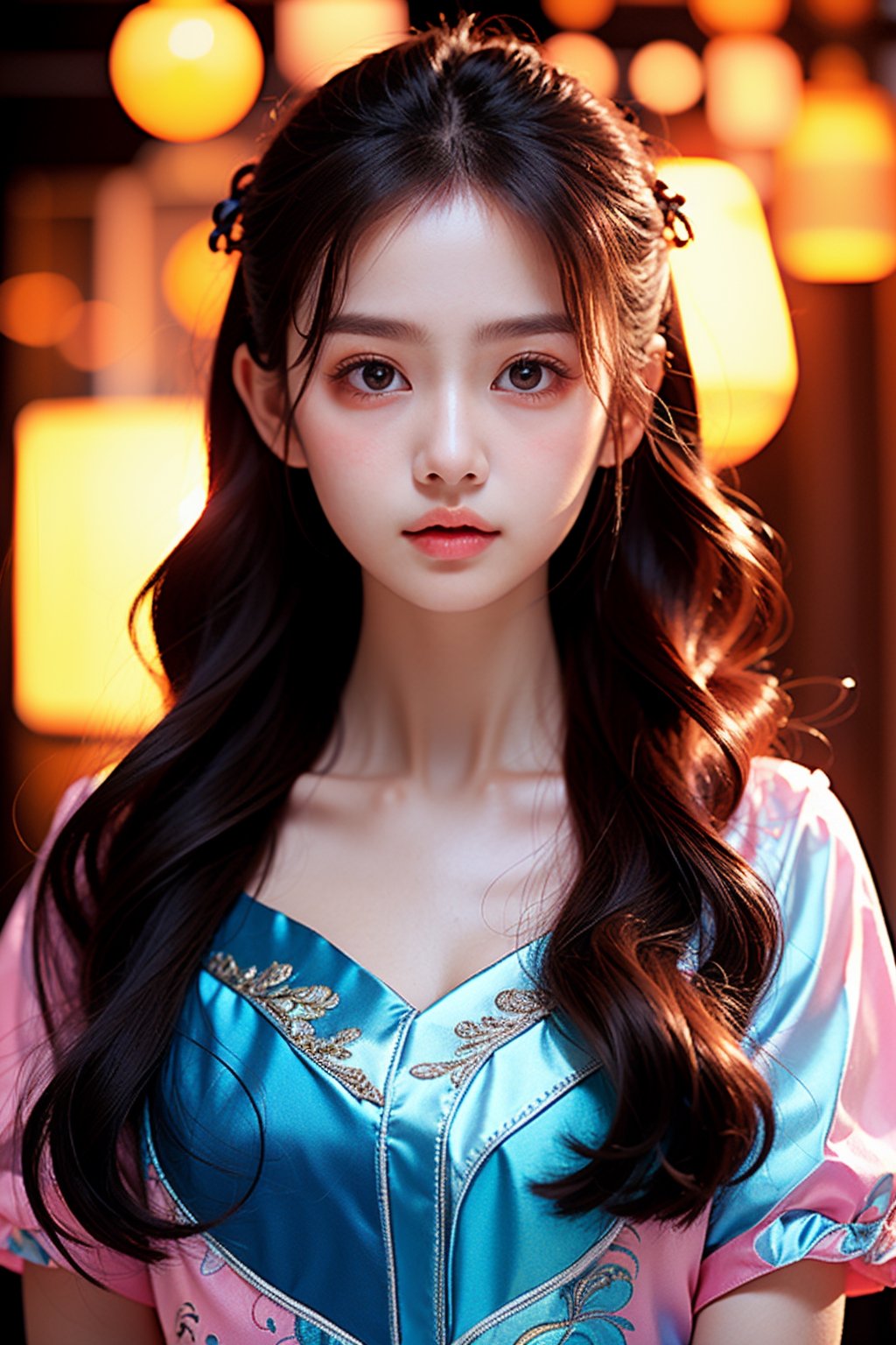 wide shot, (a very beautiful and innocent young girl),(10 years old),lolita style, looking straight at camera, Fantasy clothing, Idol style, Young face, face of a girl about 10 years old, (((hairlong))), photo realism, neon lighting, there is a place for an inscription, ((Smooth face)),blue_IDphoto